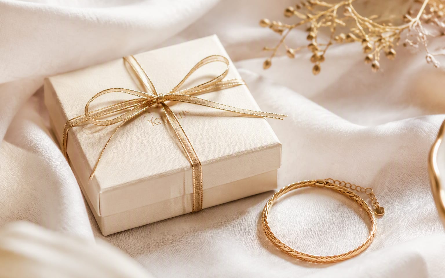 Signature gift box with gold ribbon